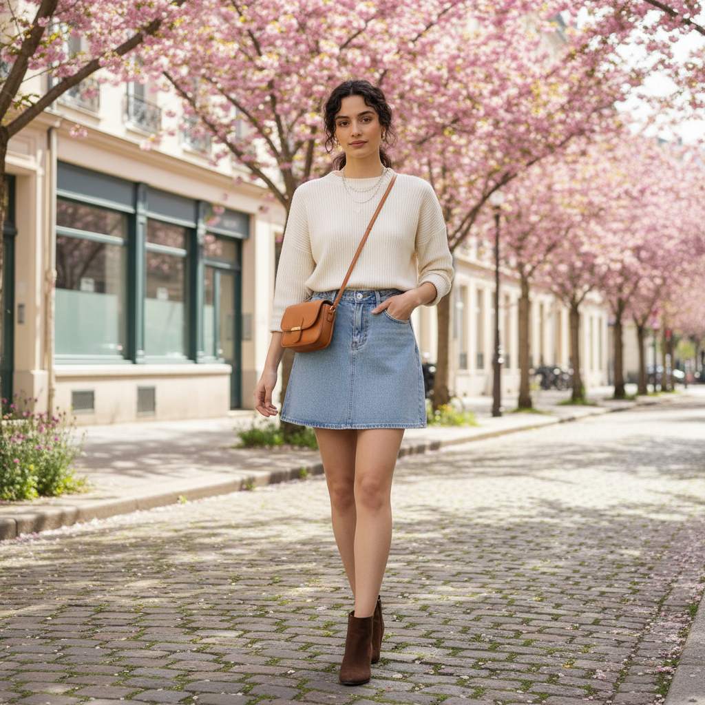 Jupe courte en jean bleu, en denim clair, coupe droite avec poches et fermeture boutonnée devant. Image