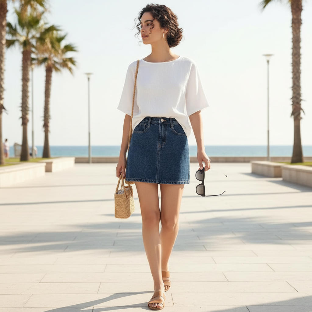 Jupe courte en jean bleu foncé, en denim épais, coupe droite avec poches avant et arrière. Image