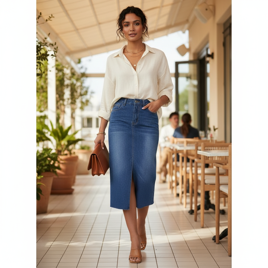 Jupe crayon jean fendue en denim bleu, longueur midi, coupe ajustée avec fente frontale. Image