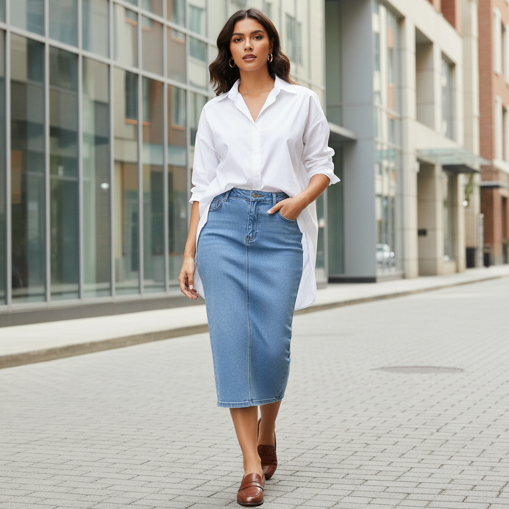 Jupe crayon longue jean en denim bleu clair, coupe ajustée et taille haute, style décontracté. Image