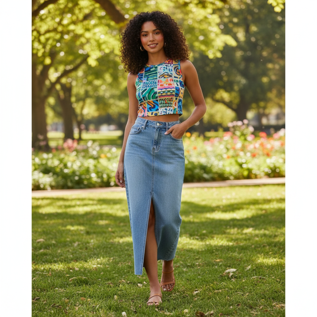 Jupe en jean bleu clair en denim, longueur midi avec fente frontale et taille haute ajustée Image