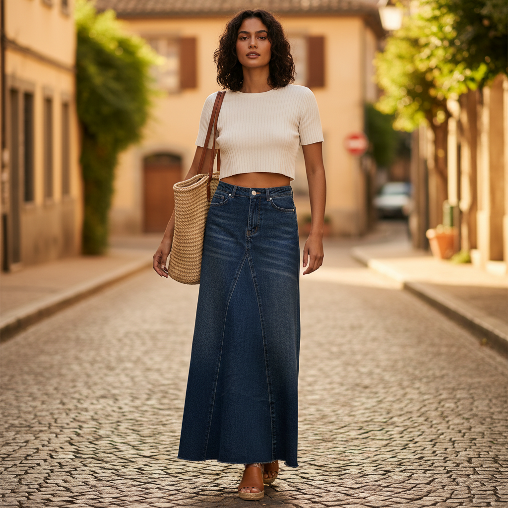 Jupe en jean bleu foncé longue en denim épais, coupe évasée avec coutures apparentes sur le devant. Image