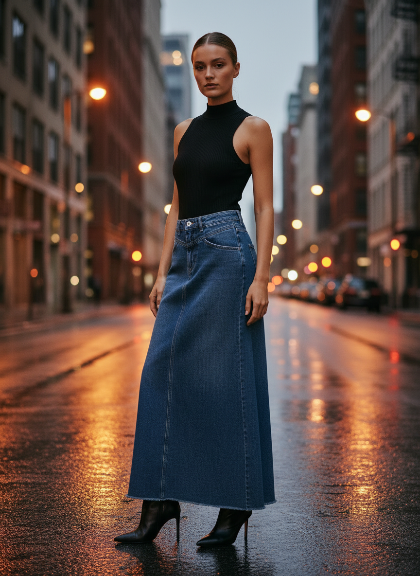 Jupe en jean brut longue en denim bleu foncé, coupe évasée, portée avec des bottines noires. Image