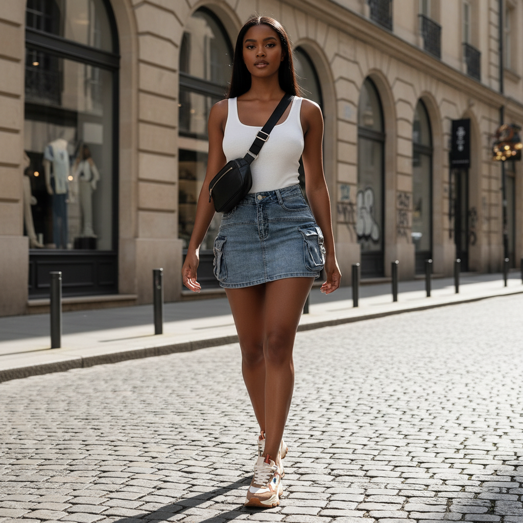 Jupe en jean cargo bleue en denim, coupe courte avec poches latérales à rabat et surpiqûres. Image