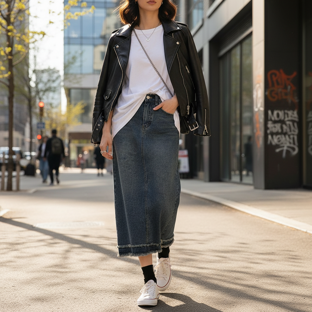 Jupe en jean effilochée bleu foncé en denim, longue et taille haute, au fini brut casual. Image