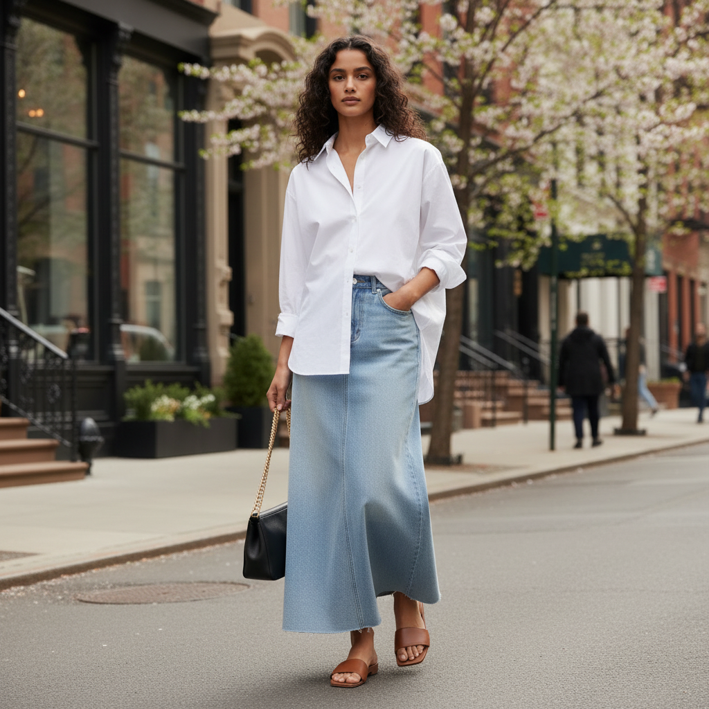 Jupe en jean extra longue bleu clair en denim, coupe droite, portée avec une chemise blanche. Image