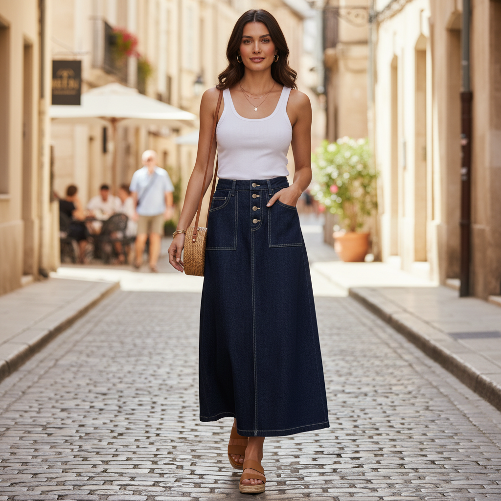 Jupe en jean foncé longue en denim épais, coupe évasée avec poches plaquées et boutons devant. Image