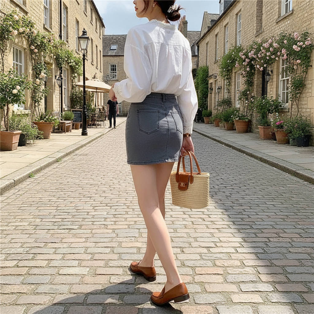 Jupe en jean gris clair en denim, courte et taille haute, portée en extérieur avec des mocassins. Image