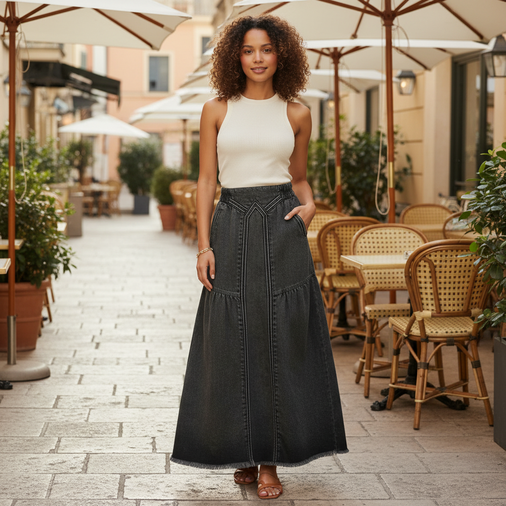 Jupe en jean gris foncé longue en denim épais, taille haute avec coutures décoratives devant. Image