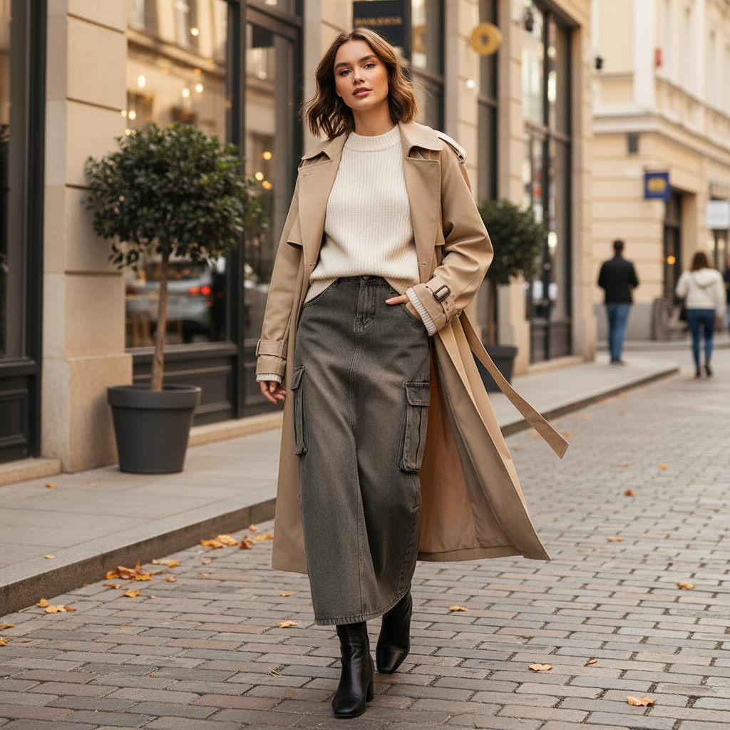 Jupe en jean grise longue en denim épais, coupe droite avec poches cargo latérales. Image