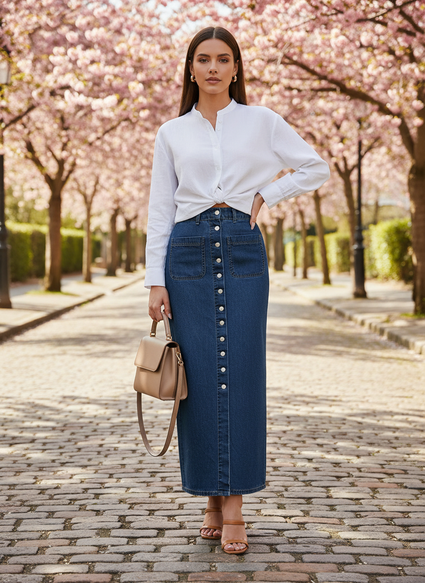 Jupe en jean longue boutonnée devant, en denim bleu foncé avec grandes poches plaquées devant. Image