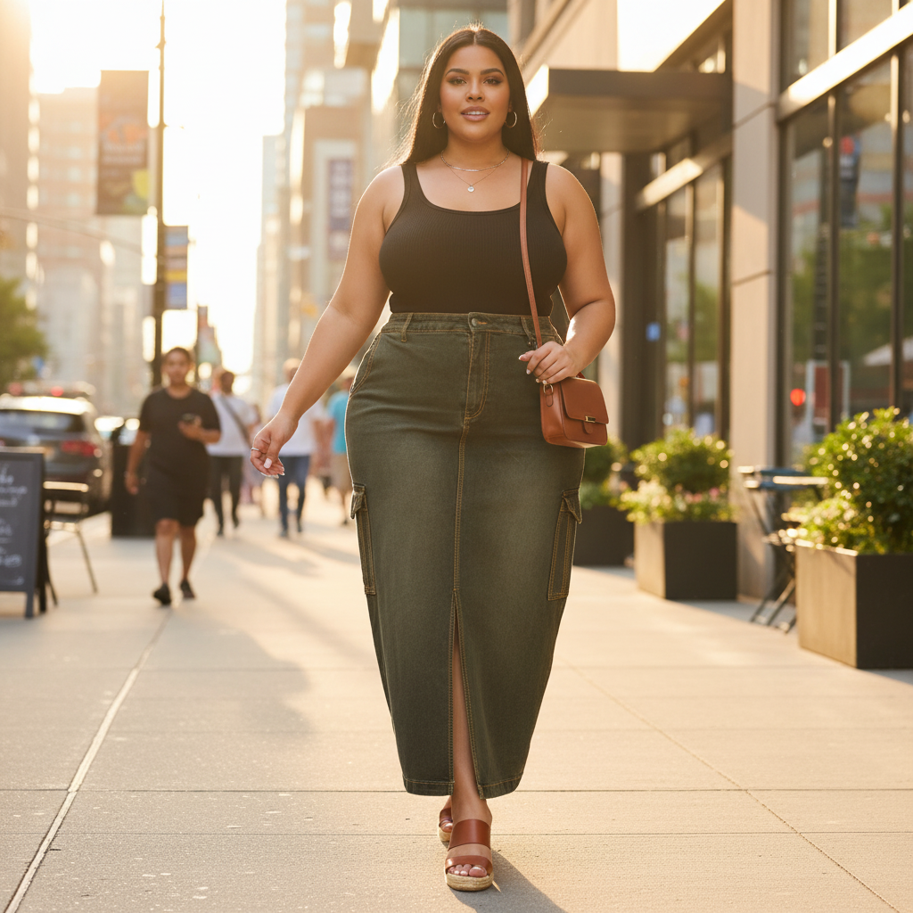 Jupe en jean longue fendue arrière grande taille, coloris kaki, en denim épais, style décontracté. Image