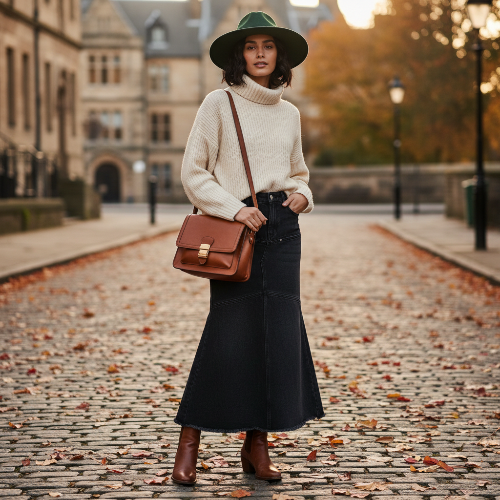 Jupe en jean longue noir évasée en denim épais, coupe taille haute avec surpiqûres visibles. Image
