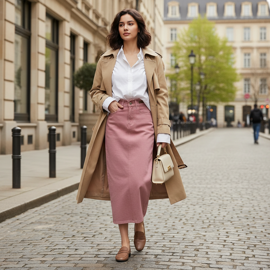 Jupe en jean longue rose en denim, coupe droite, portée avec une chemise blanche et un trench. Image