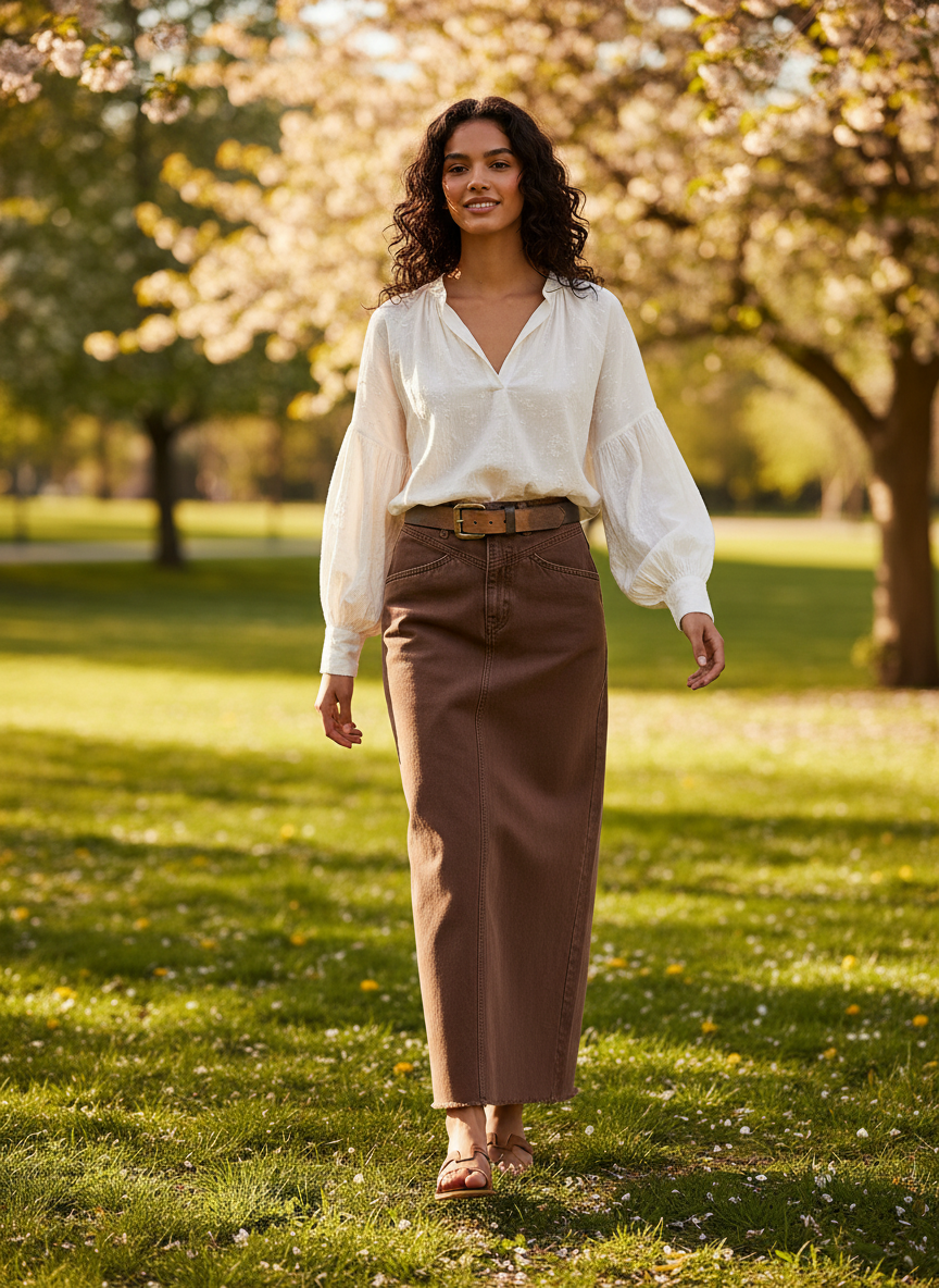 Jupe en jean marron longue en denim épais, coupe droite avec poches avant et ceinture assortie. Image
