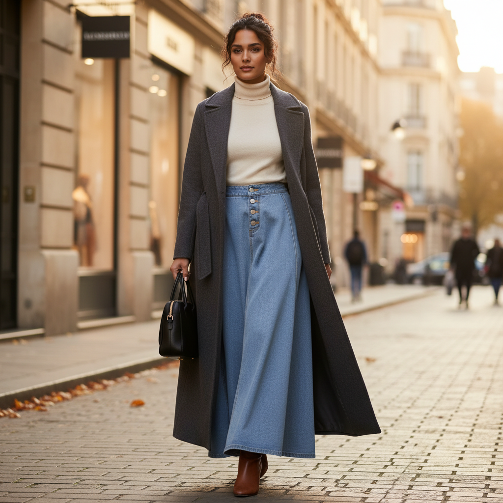 Jupe en jean maxi évasée bleu clair en denim, portée avec un manteau long gris et bottines cuir. Image