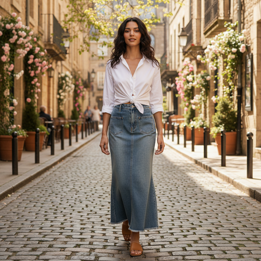 Jupe en jean mi-longue délavé bleu clair en denim, coupe droite avec grandes poches avant. Image
