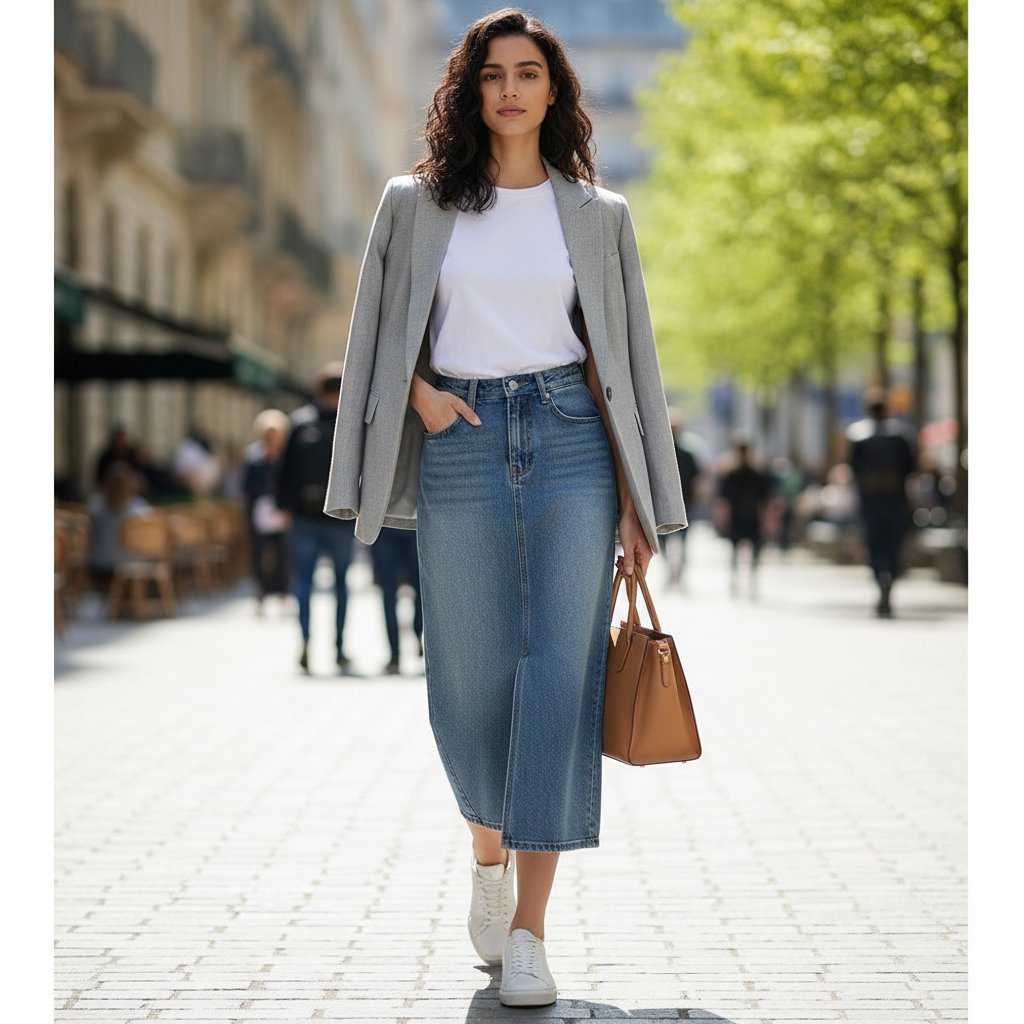 Jupe en jean mi longue fendue devant, en denim bleu clair, coupe droite avec finitions soignées. Image