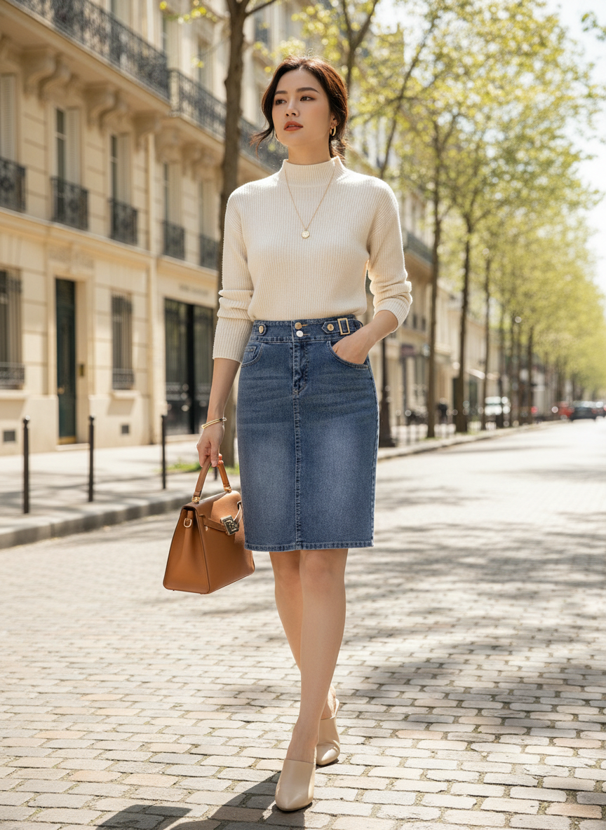 Jupe en jean mi longue grande taille bleue en denim, coupe droite avec taille haute et poches. Image