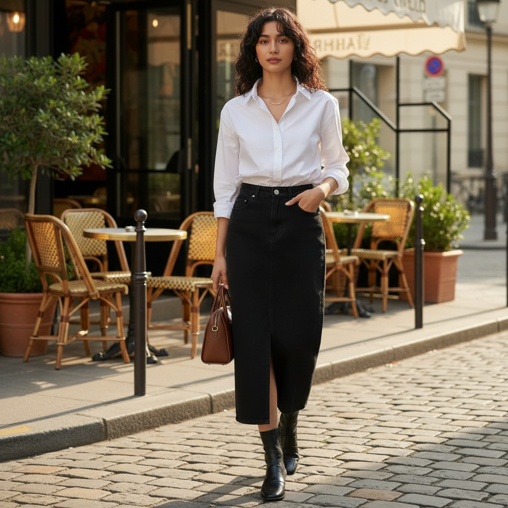 Jupe en jean mi longue noir en denim épais, coupe droite avec fente frontale discrète. Image