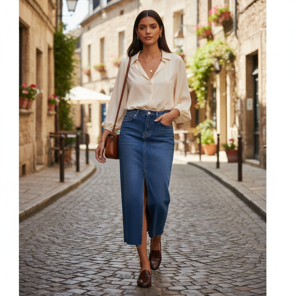 Jupe en jean mi longue taille haute bleue, en denim, coupe droite avec fente frontale. Image