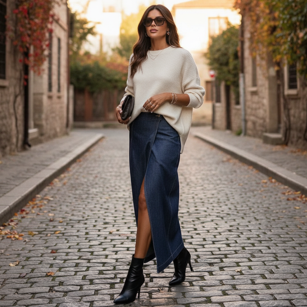 Jupe en jean ouverte devant, longue, en denim bleu foncé, fendue, portée avec des bottines noires. Image