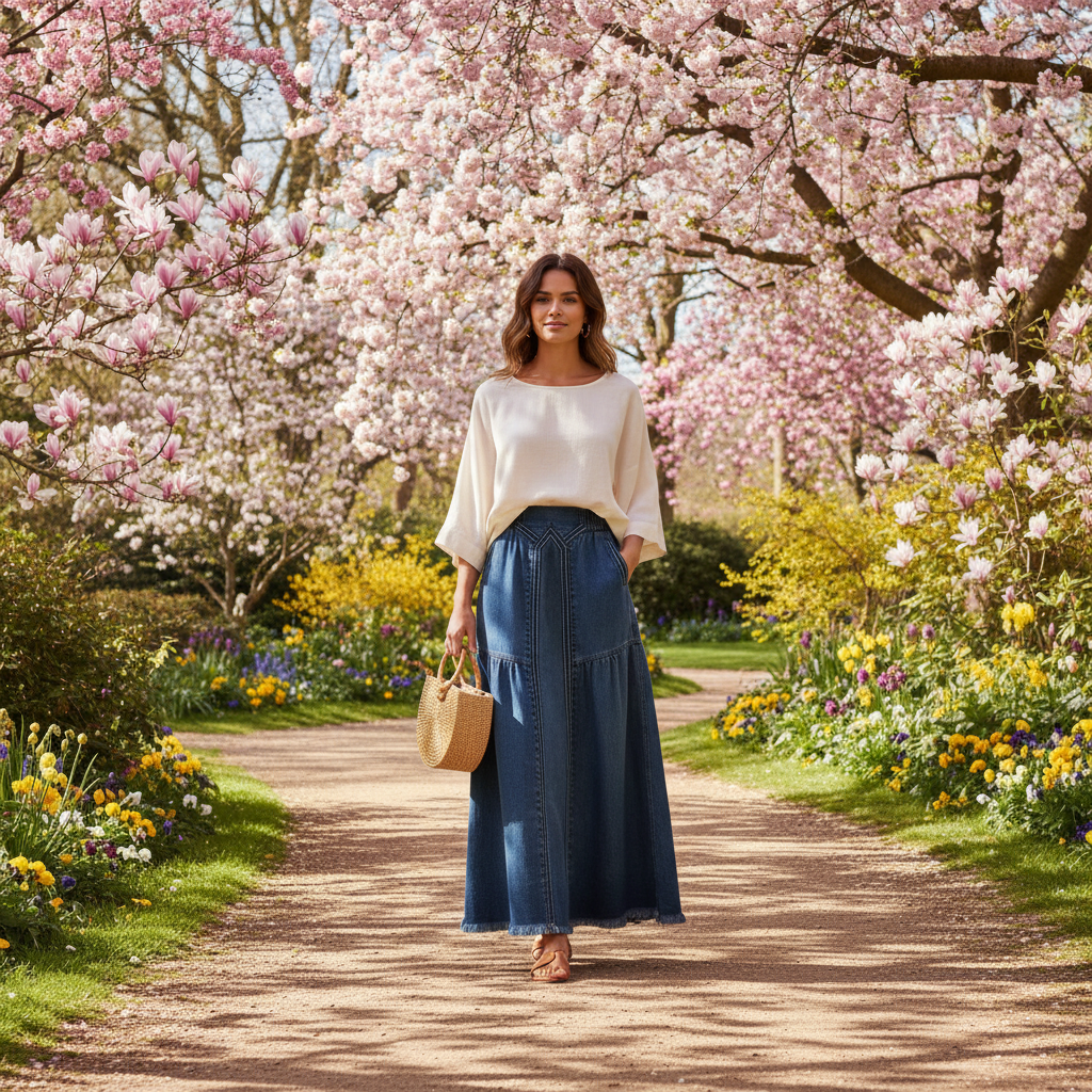 Jupe en jean souple bleu denim longue, en coton léger, portée en extérieur au printemps. Image