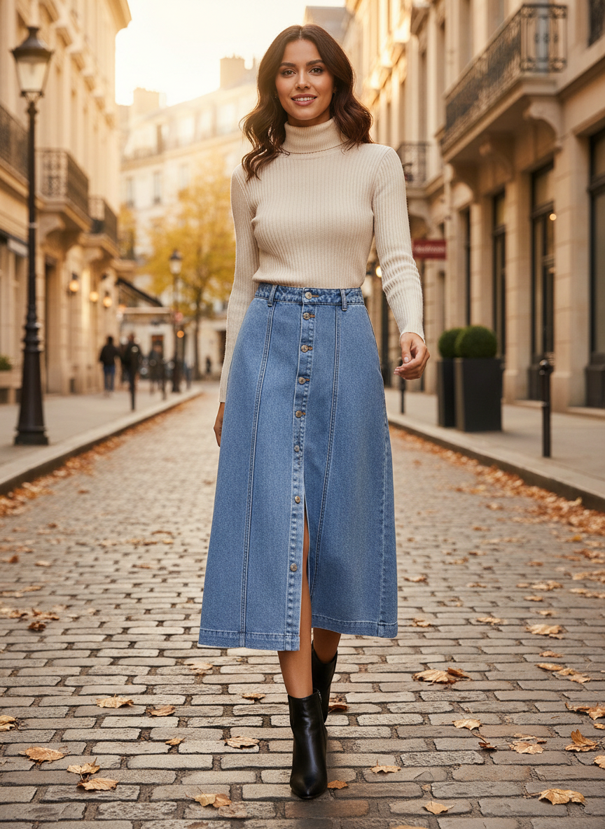 Jupe en jean tendance bleue en denim, longueur midi avec boutons sur le devant et fente centrale. Image