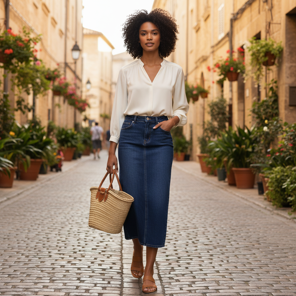 Jupe en jean vintage bleu foncé en denim épais, coupe longue et taille haute, style décontracté. Image