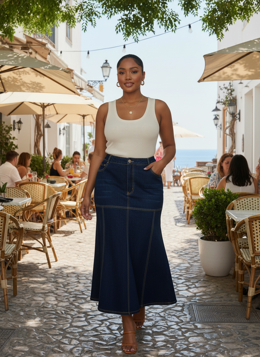 Jupe fourreau jean grande taille en denim bleu foncé, coupe longue et coutures contrastantes. Image