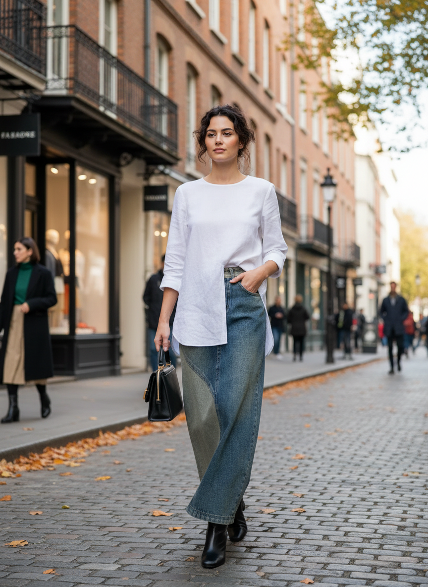 Jupe jean bicolore longue en denim bleu et kaki, coupe droite, matière coton épais. Image