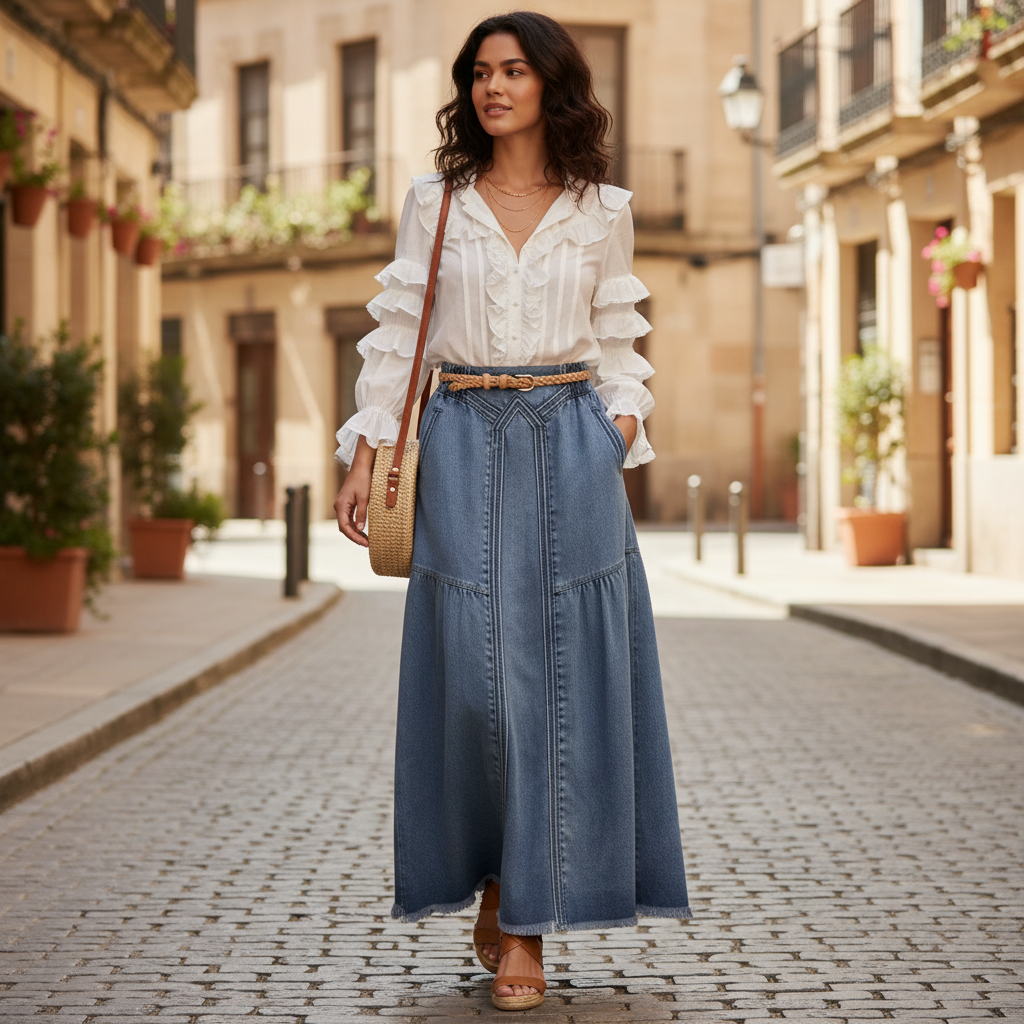 Jupe jean longue bleu clair en denim léger, coupe évasée avec coutures décoratives visibles. Image