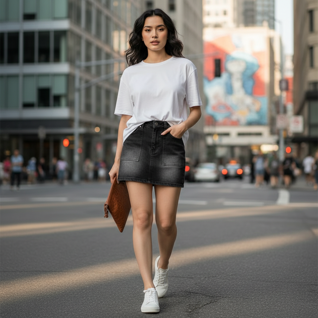 Jupe jean noir bouton en denim, coupe courte et taille haute, portée avec des baskets blanches. Image