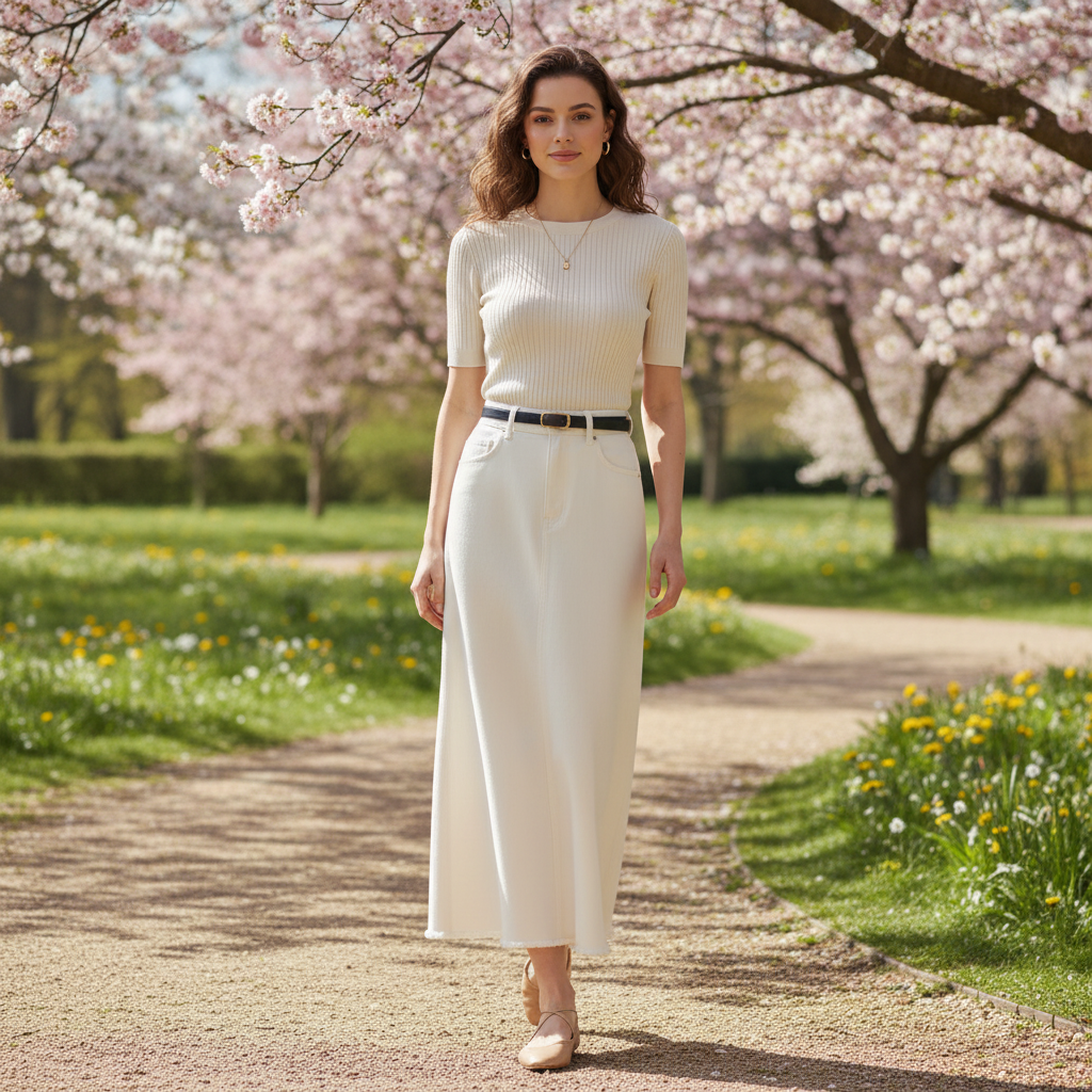 Jupe longue en jean beige taille haute en denim, coupe droite, portée avec un haut côtelé clair. Image