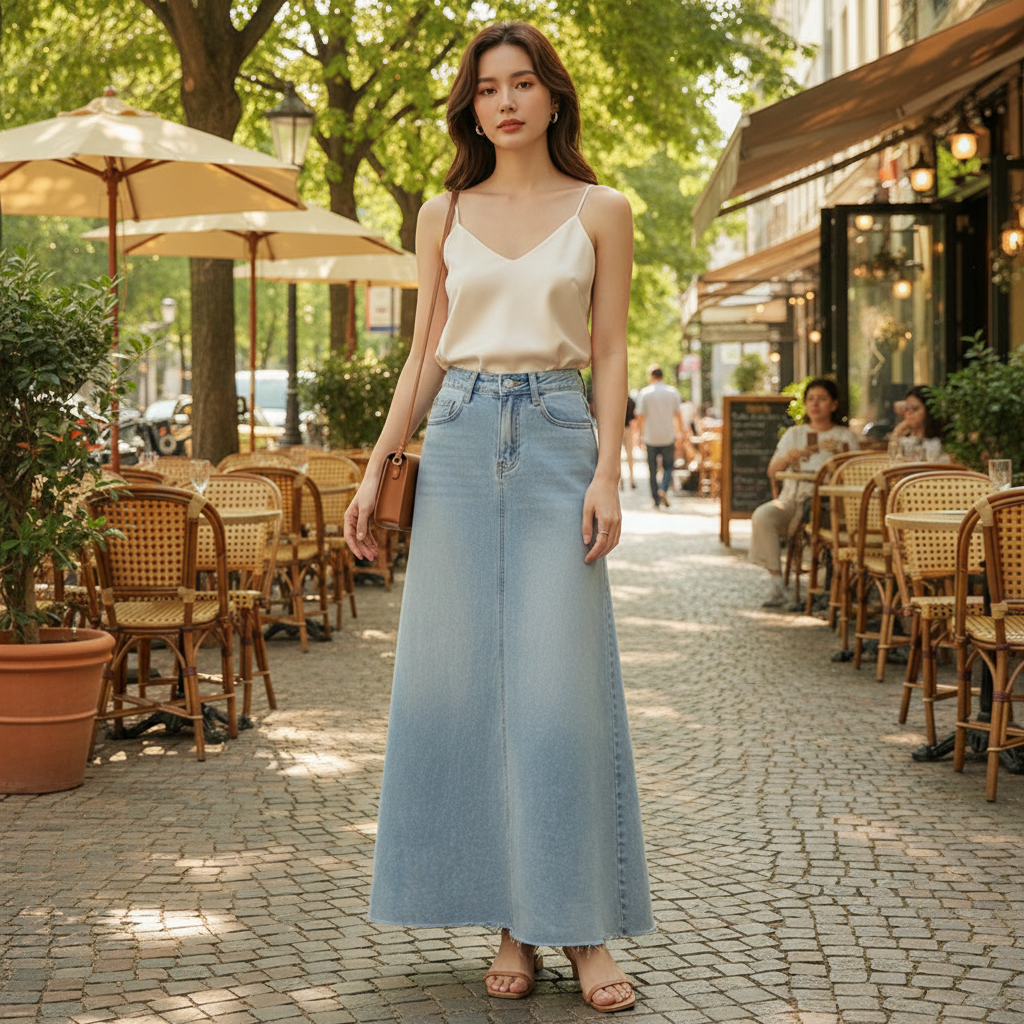 Jupe longue en jean fluide bleu clair, en denim léger, coupe évasée et taille haute. Image