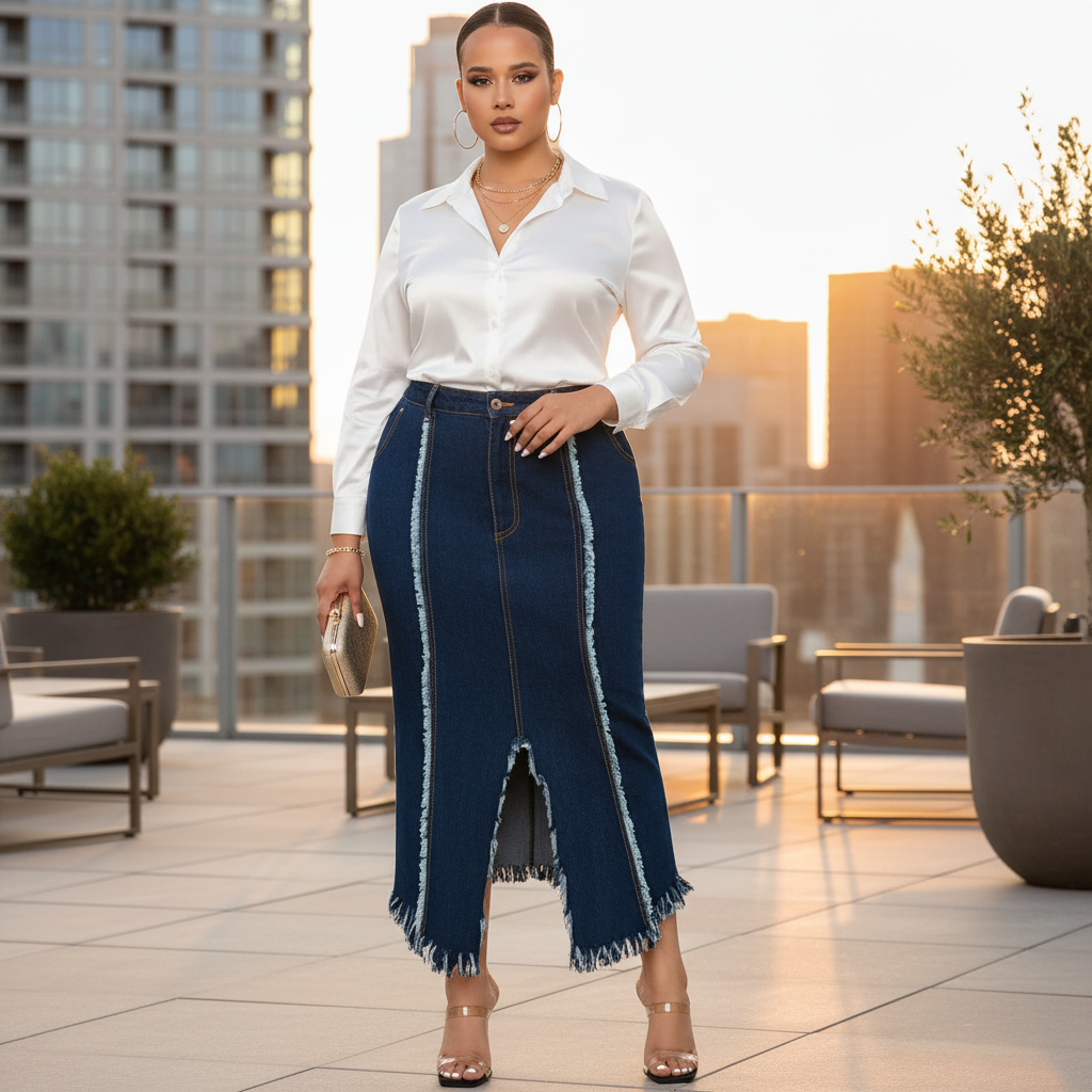 Jupe maxi en jean stretch grande taille bleu foncé avec fente frontale et bords effilochés. Image