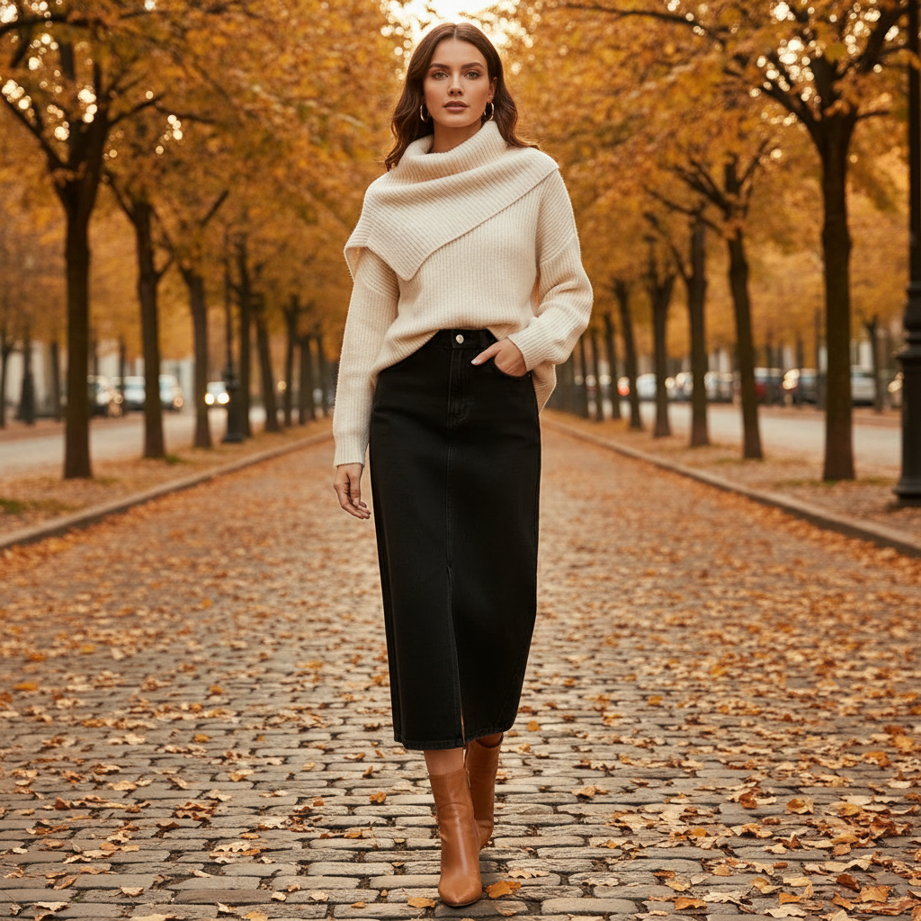 Jupe mi longue en jean noir fendue devant, coupe droite, en denim rigide à taille haute. Image