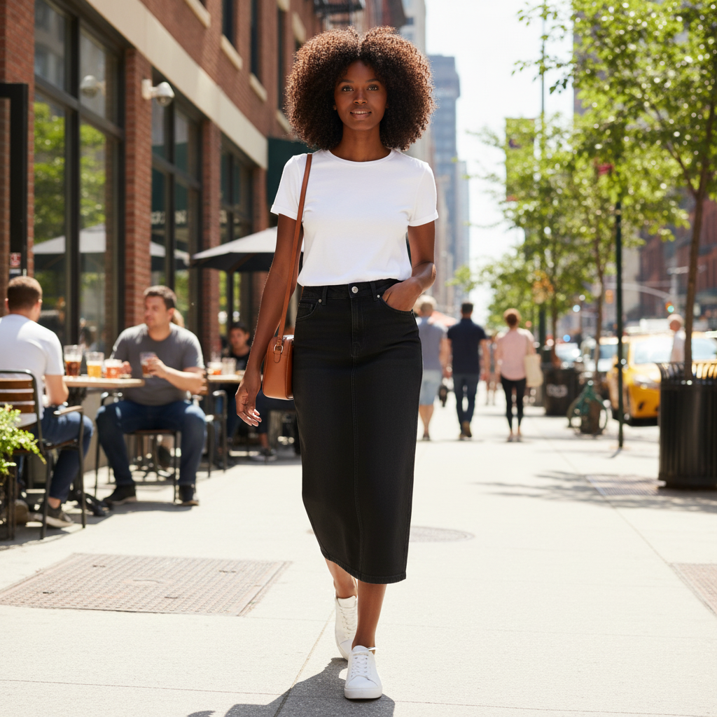 Jupe midi en jean femme noire, en denim, coupe droite, portée avec un t-shirt blanc. Image