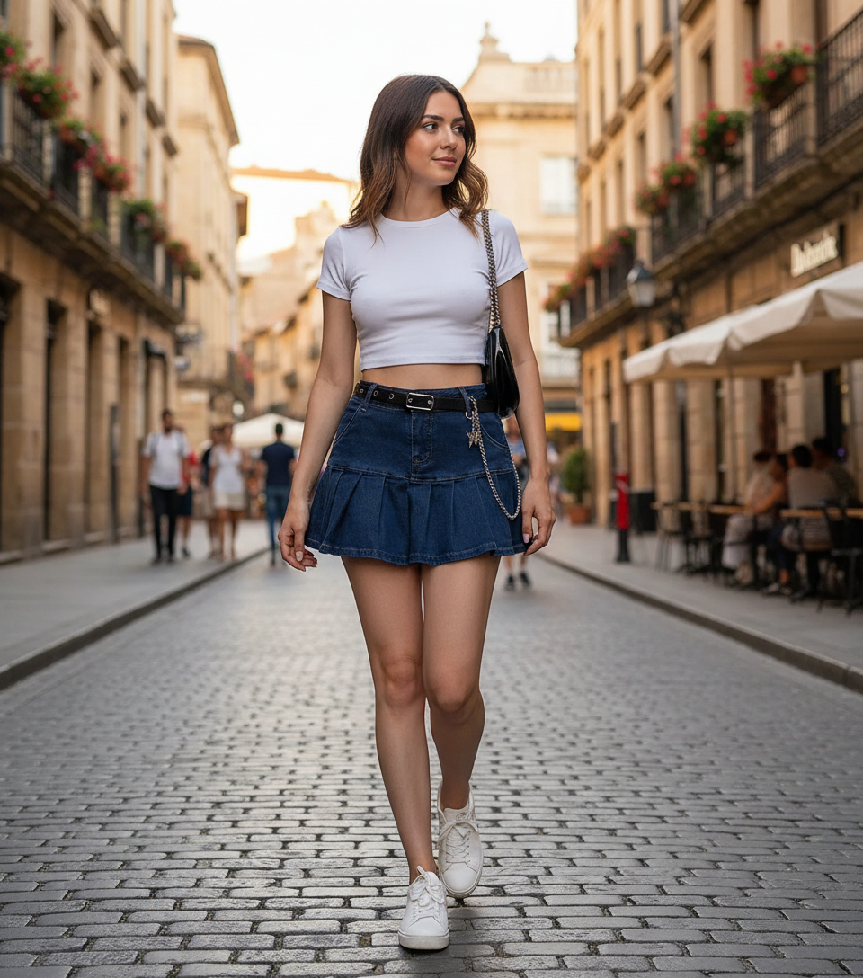 Mini jupe-short en jean bleu foncé en denim avec ceinture noire, coupe évasée et détails modernes. Image