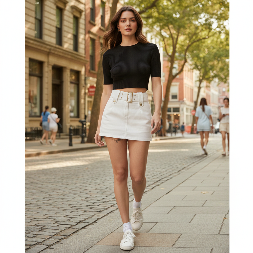 Mini jupe short en jean blanc avec ceinture intégrée, coupe ajustée et tissu en denim épais. Image