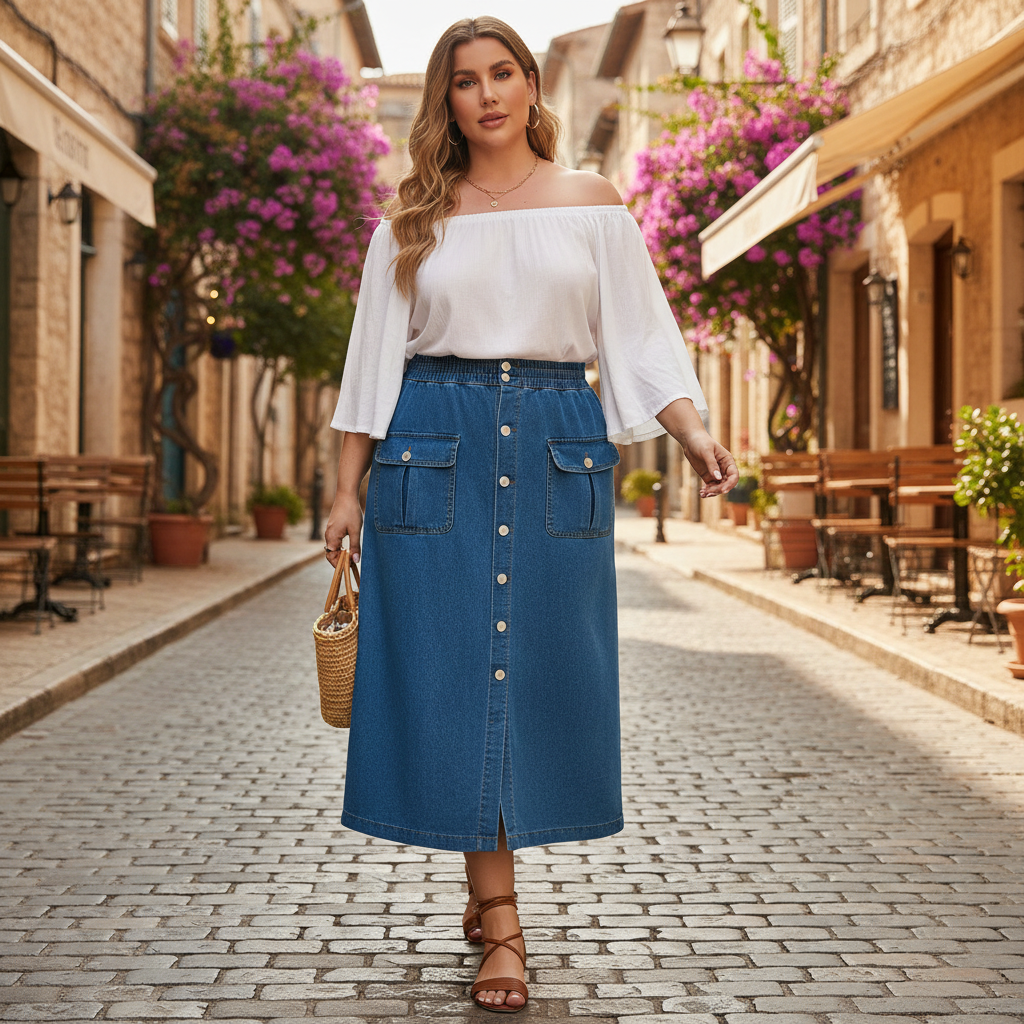 Jupe en jean boutonnée grande taille bleu denim, en coton, coupe midi avec grandes poches frontales. Image