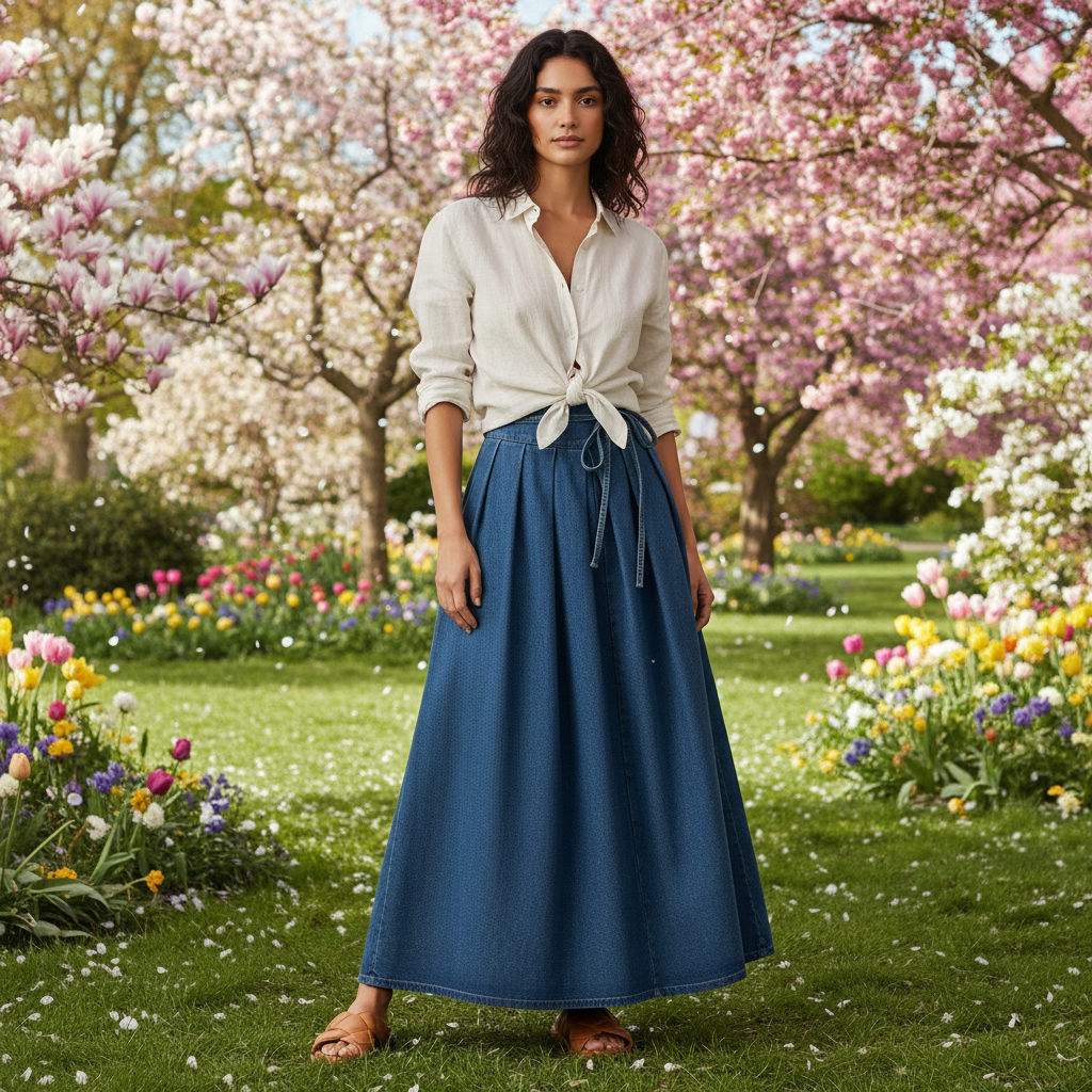 Jupe en jean longue bleu foncée évasée en denim, taille haute avec ceinture nouée assortie. Image