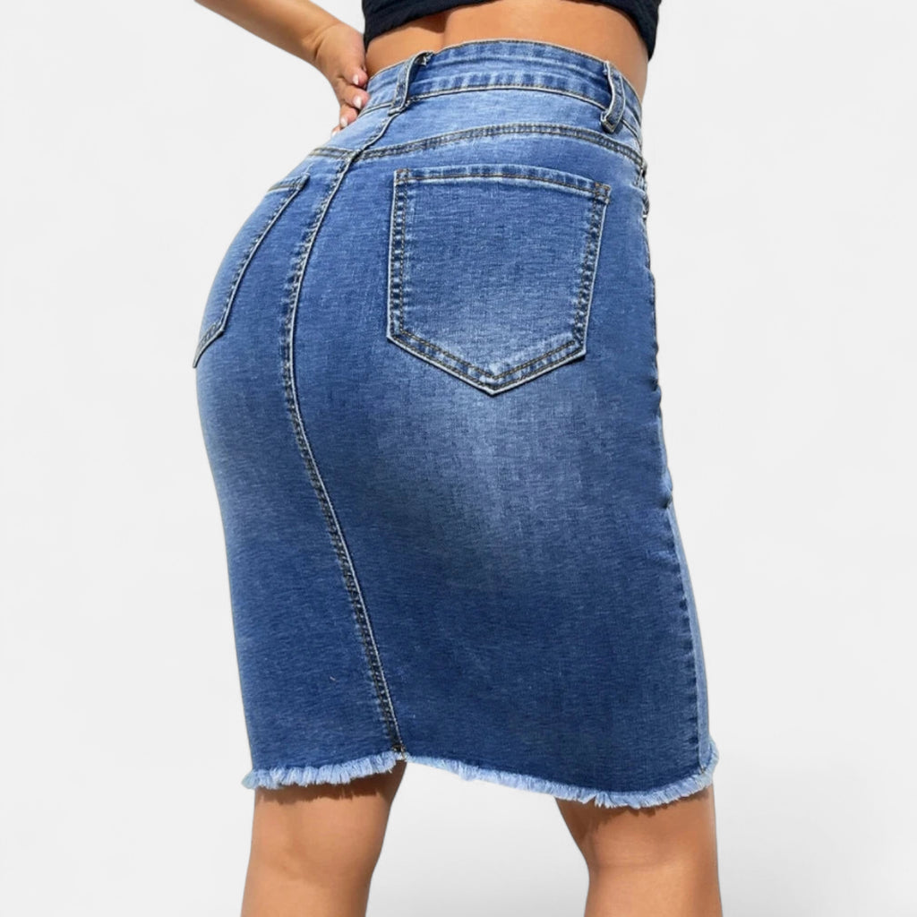 Jupe crayon effilochée jean