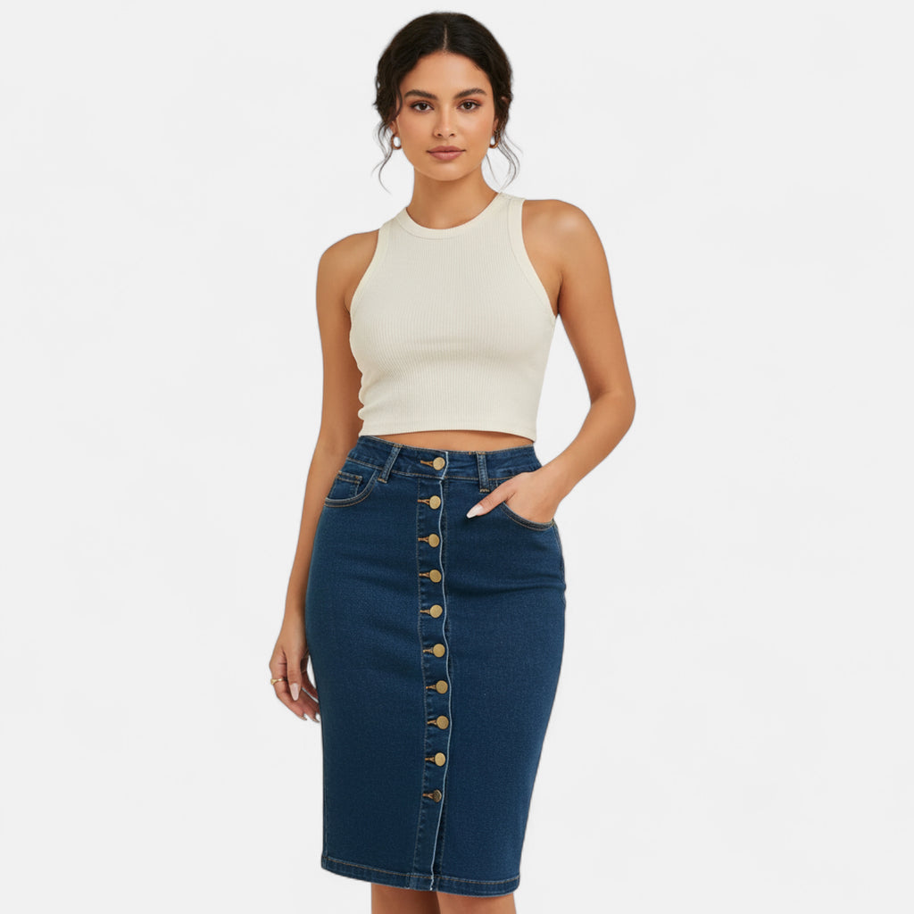 jupe crayon en jean boutonnée devant