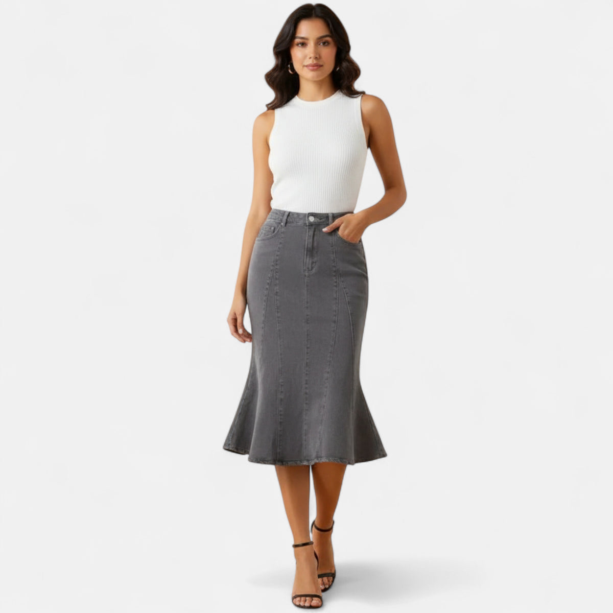 Jupe en jean gris mi-longue