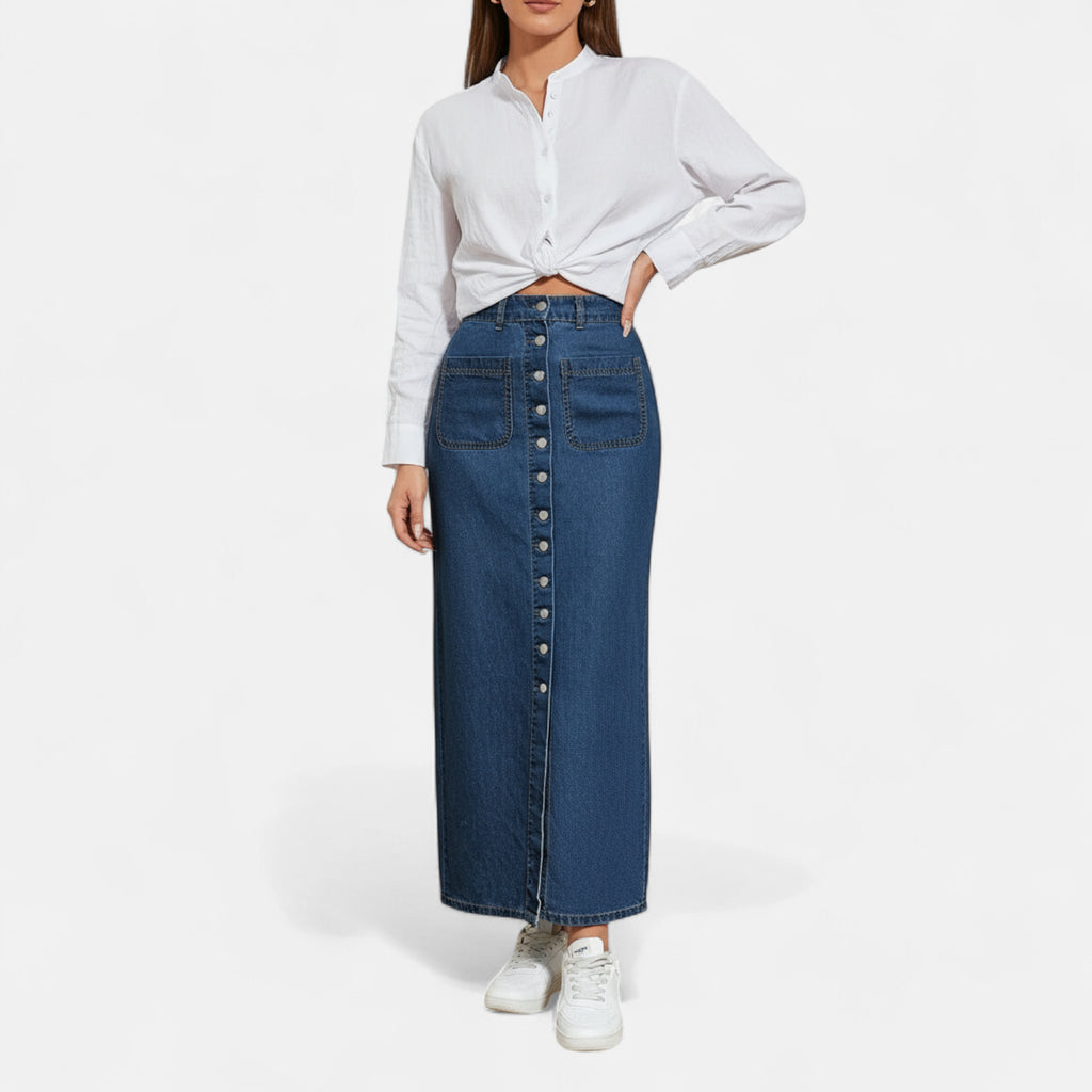 Jupe en jean longue boutonnée devant