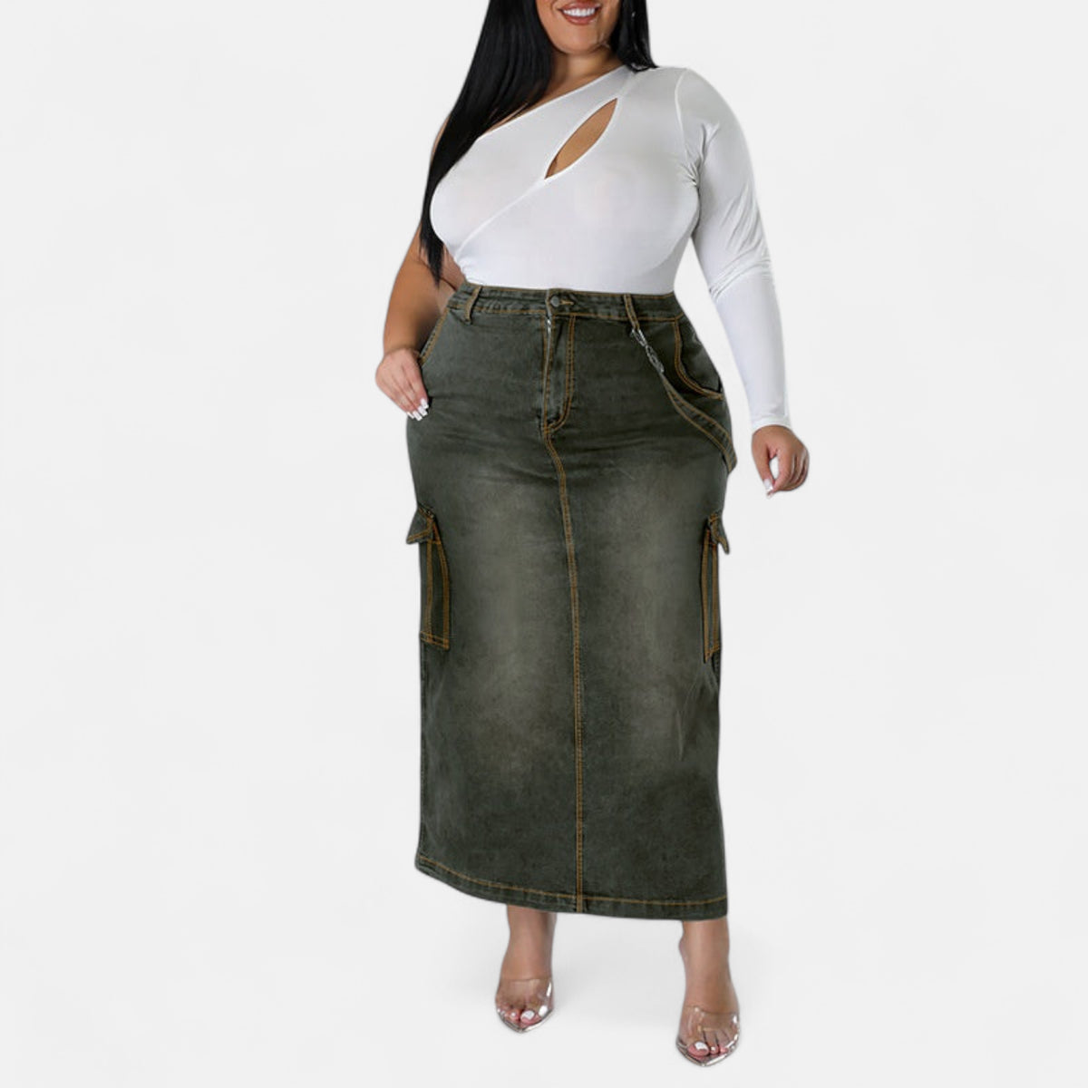 Jupe en jean longue fendue arrière grande taille