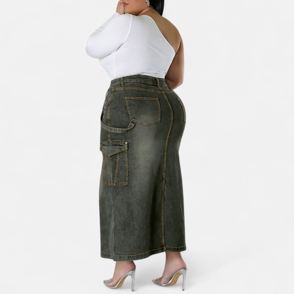 Jupe en jean longue fendue arrière grande taille