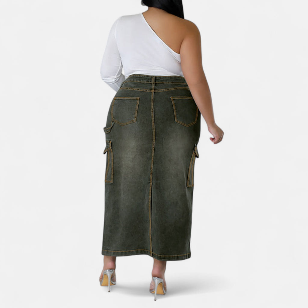 Jupe en jean longue fendue arrière grande taille