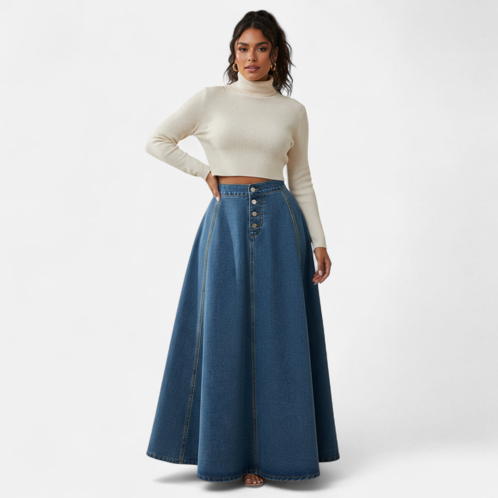 Jupe en jean maxi évasée bleu foncée